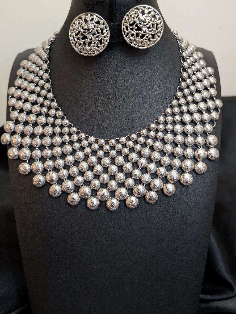 Vintage Chico's Textured Brushed Silver Bib Necklace & Coventry Earrings